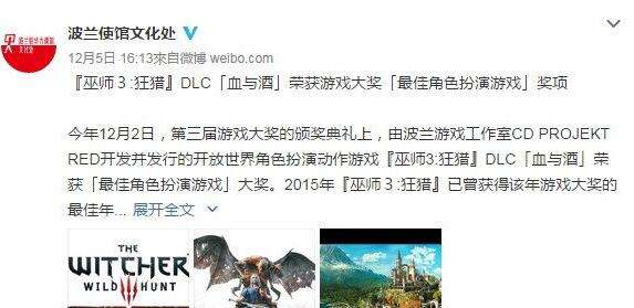 《巫师3》DLC获最佳RPG 波兰使馆发文祝贺