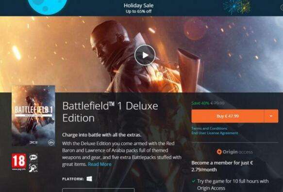 《战地1》现价六五折 EA Origin假日打折