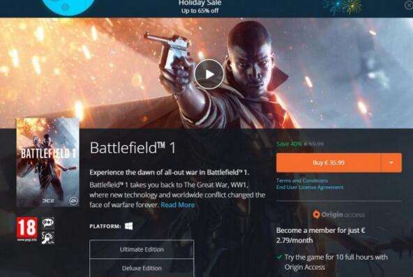 《战地1》现价六五折 EA Origin假日打折