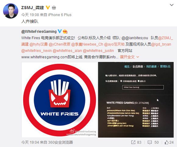 人齐接队 ZSMJ战队WhiteFries正式公布