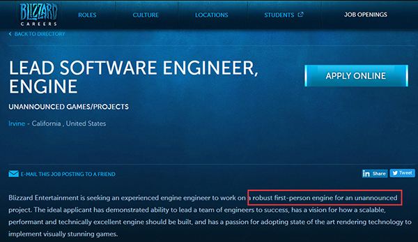 疑似暴雪新游戏 暴雪又招聘第一人称工程师