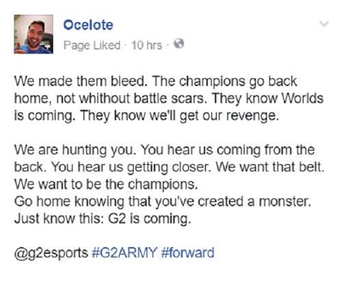 G2老板Ocelote脸书：我们会在世界赛复仇SKT